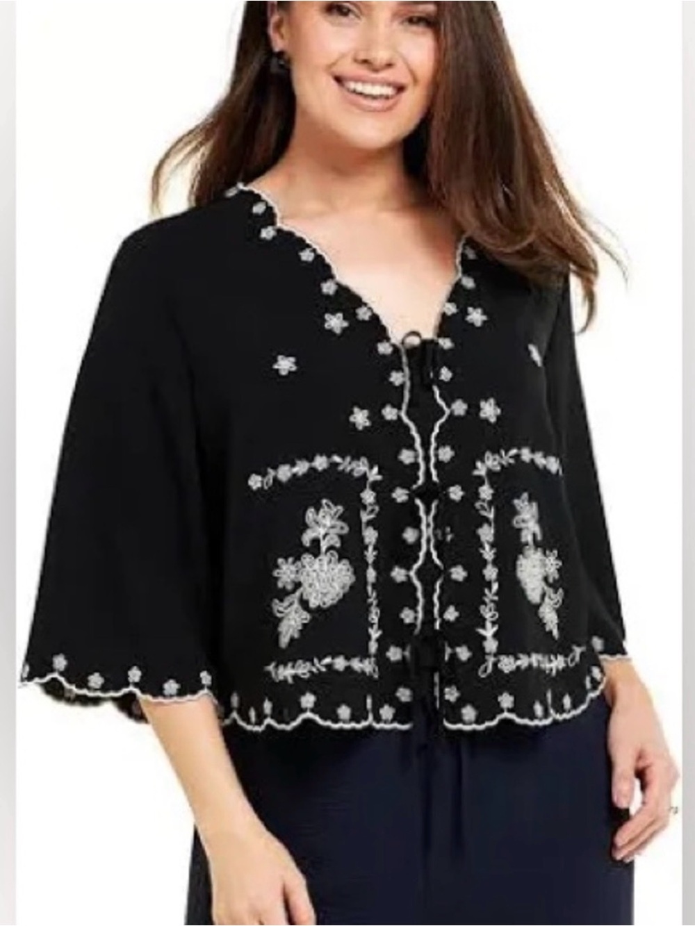 Adrianna Papell Embroidered Scalloped Tie Front Blouse Black Small